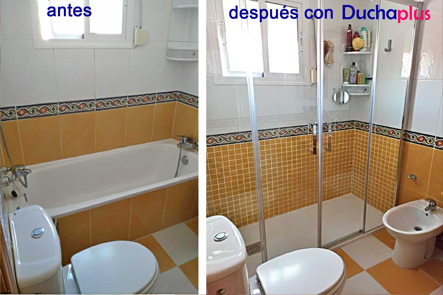 Cambio de bañera por ducha en Getafe. Antes, un baño anticuado con bañera, después un baño con ducha reformado por DuchaPlus. Cambio rápido de bañera por ducha en 24H.